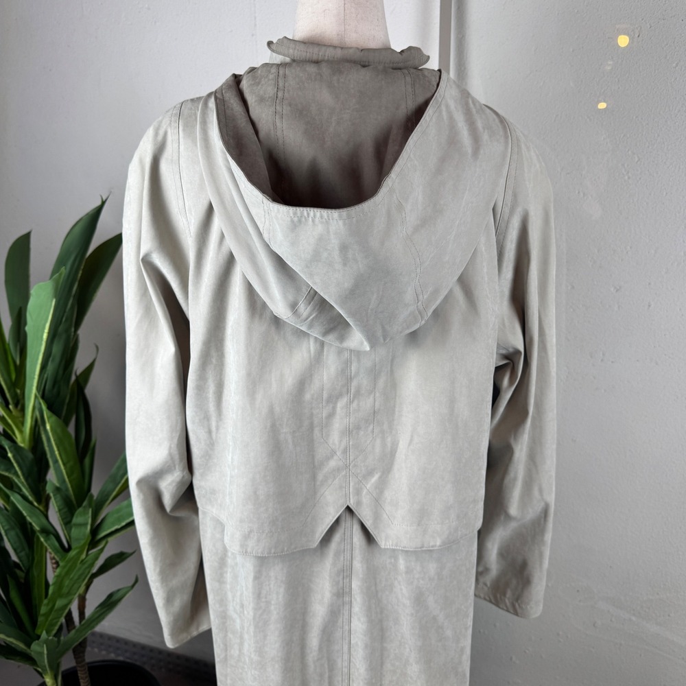 Vintage Beige Hooded Trench Coat Longline Belted Oversized Raincoat Womens 14P - Picture 11 of 12